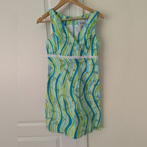 Lilly Pulitzer Vintage Dress Blue Green V Neck Fish Striped Size 6 Sun Summer